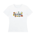 A white short-sleeve crewneck t-shirt featuring a colorful graphic on the chest with the word 'CREATURES' and small cartoon illustrations, shown against a plain white background.