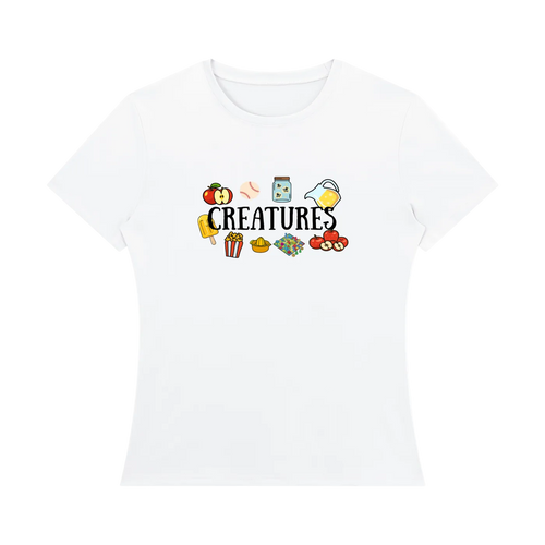 A white short-sleeve crewneck t-shirt featuring a colorful graphic on the chest with the word 'CREATURES' and small cartoon illustrations, shown against a plain white background.